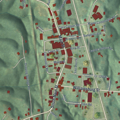 Close-up of the map of Whitley City, Kentucky print showing street and building detail