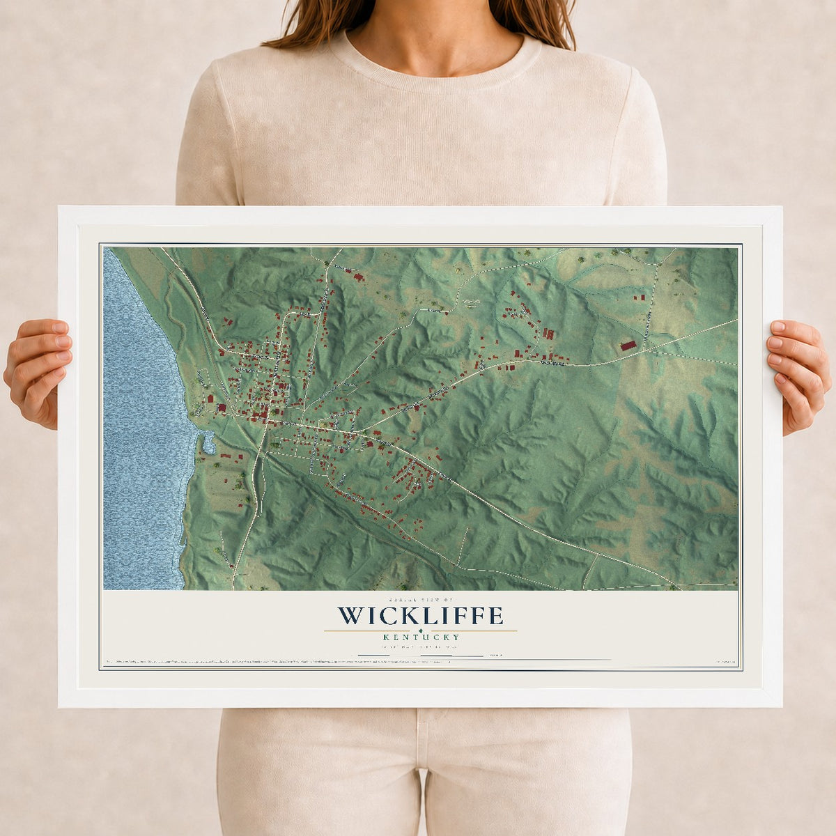 Map of Wickliffe, Kentucky, 12 x 18 inch print in a white wood frame