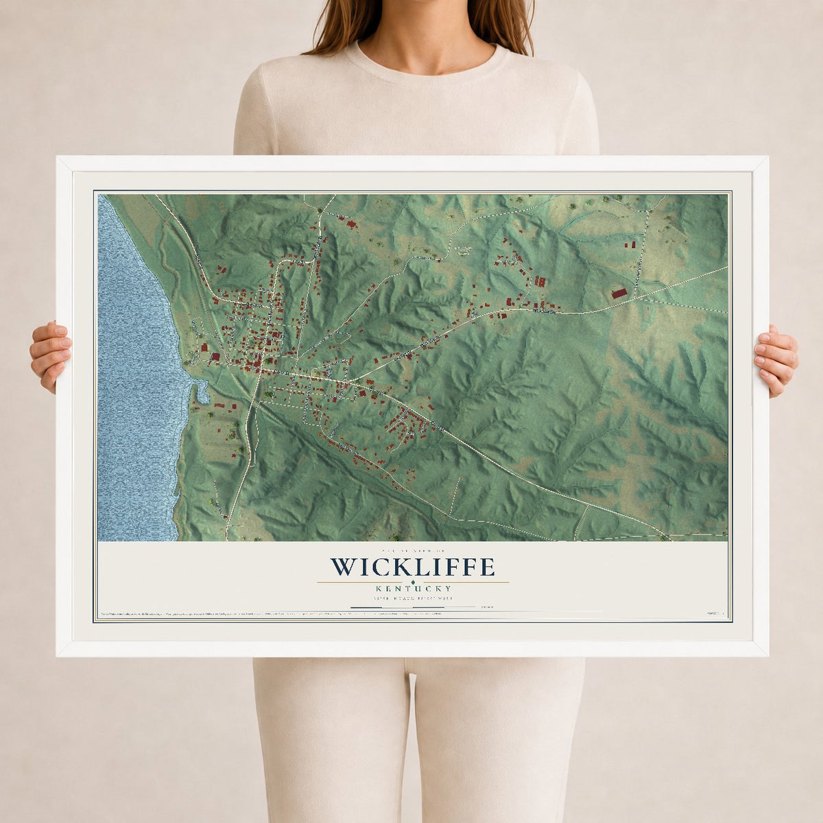 Map of Wickliffe, Kentucky, 24 x 36 inch print in a white wood frame
