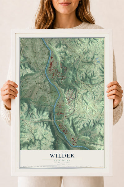 Map of Wilder, Kentucky, 18 x 24 inch print in a white wood frame