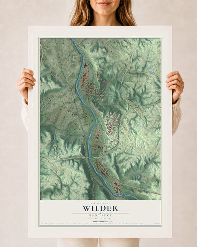 Map of Wilder, Kentucky, 24 x 36 inch print in a white wood frame