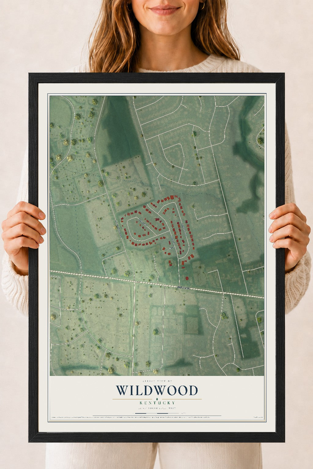 Map of Wildwood, Kentucky, 18 x 24 inch print in a black wood frame