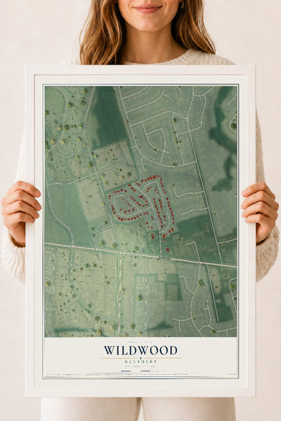 Map of Wildwood, Kentucky, 18 x 24 inch print in a white wood frame