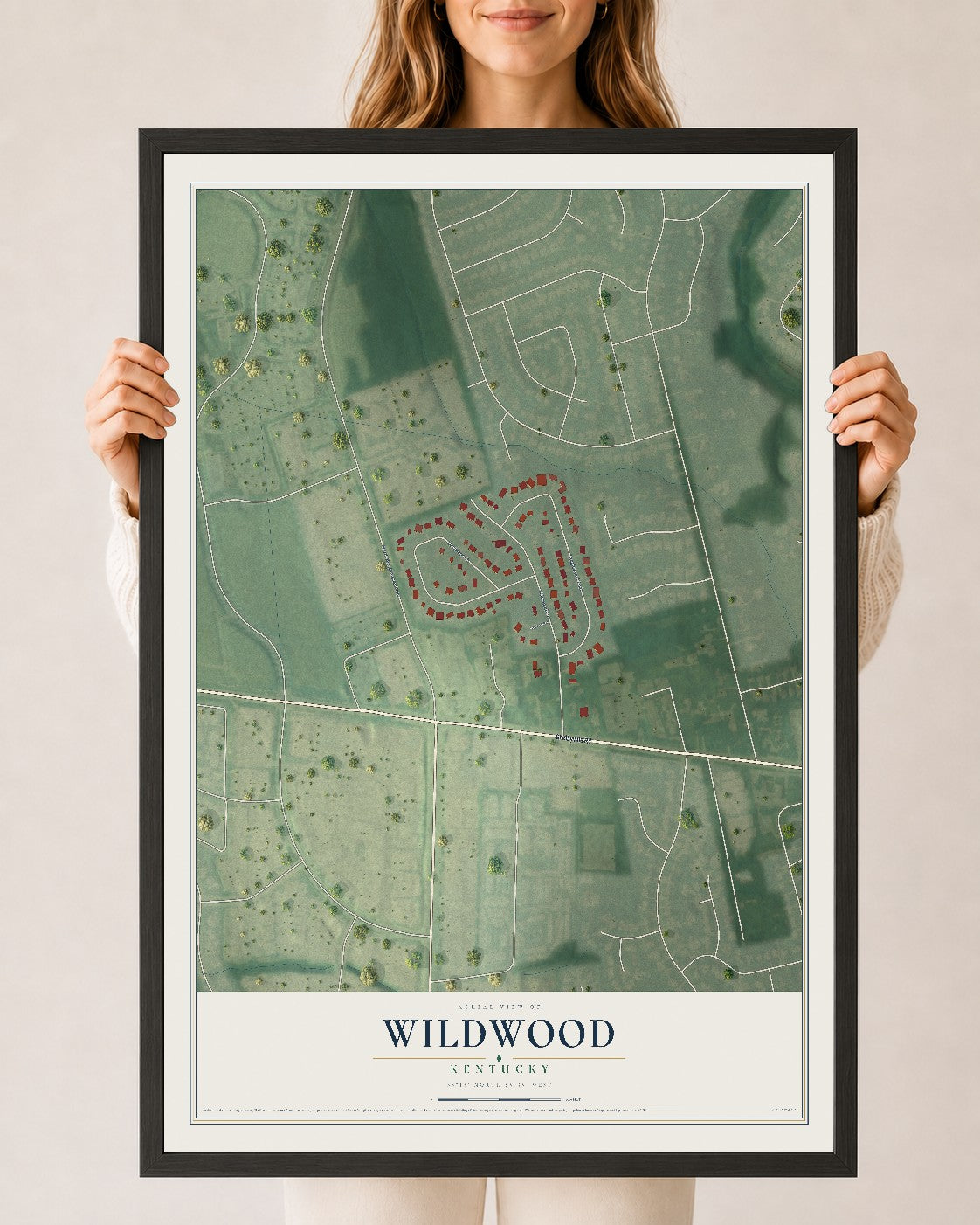 Map of Wildwood, Kentucky, 24 x 36 inch print in a black wood frame