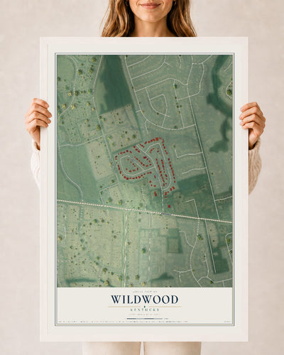 Map of Wildwood, Kentucky, 24 x 36 inch print in a white wood frame
