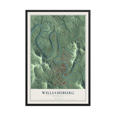 Map of Williamsburg, Kentucky, 12 x 18 inch print in a black wood frame