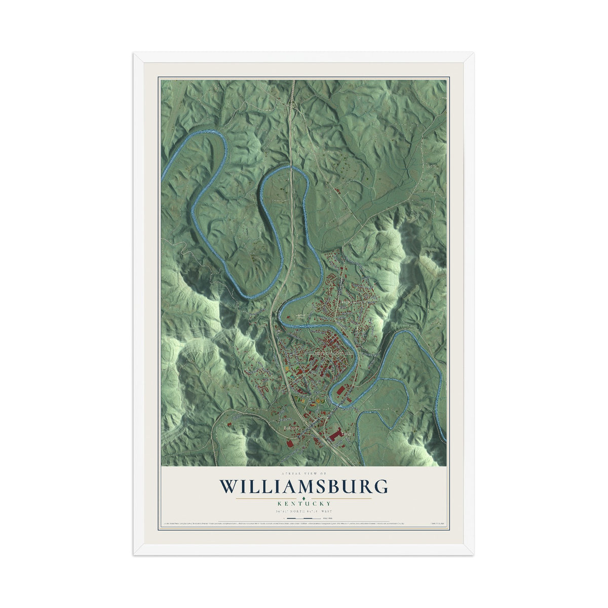 Map of Williamsburg, Kentucky, 12 x 18 inch print in a white wood frame