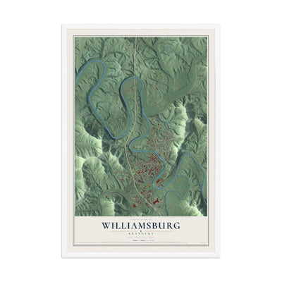Map of Williamsburg, Kentucky, 12 x 18 inch print in a white wood frame