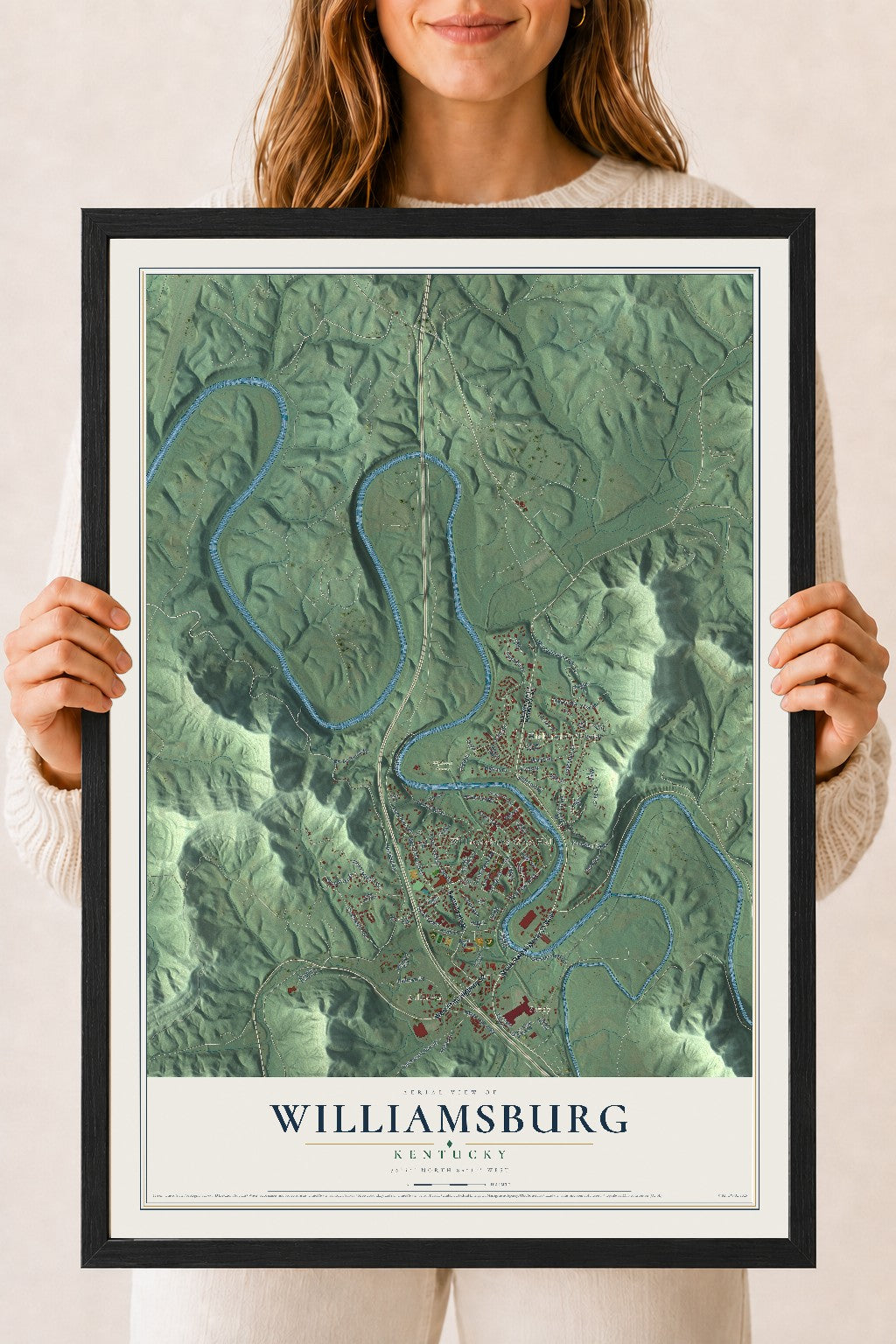 Map of Williamsburg, Kentucky, 18 x 24 inch print in a black wood frame
