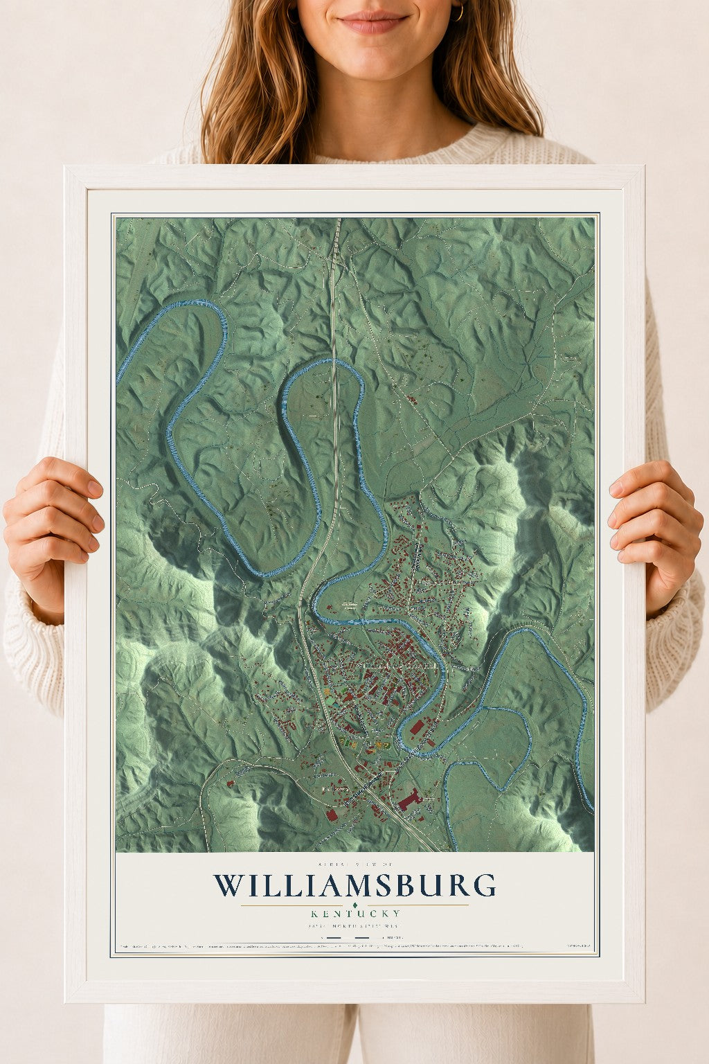Map of Williamsburg, Kentucky, 18 x 24 inch print in a white wood frame