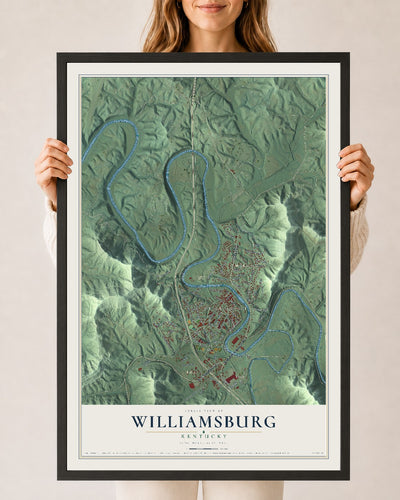 Map of Williamsburg, Kentucky, 24 x 36 inch print in a black wood frame