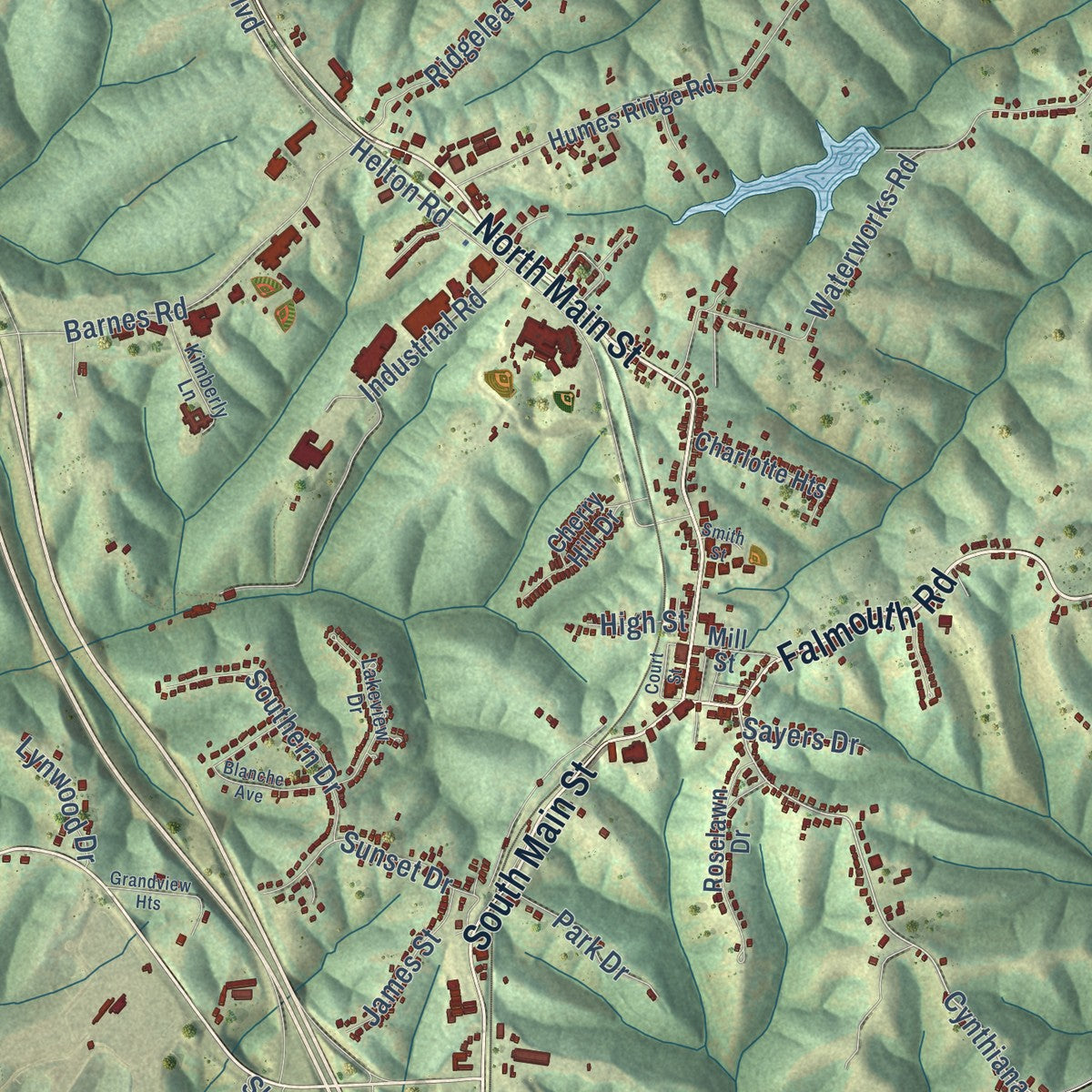 Close-up of the map of Williamstown, Kentucky print showing street and building detail