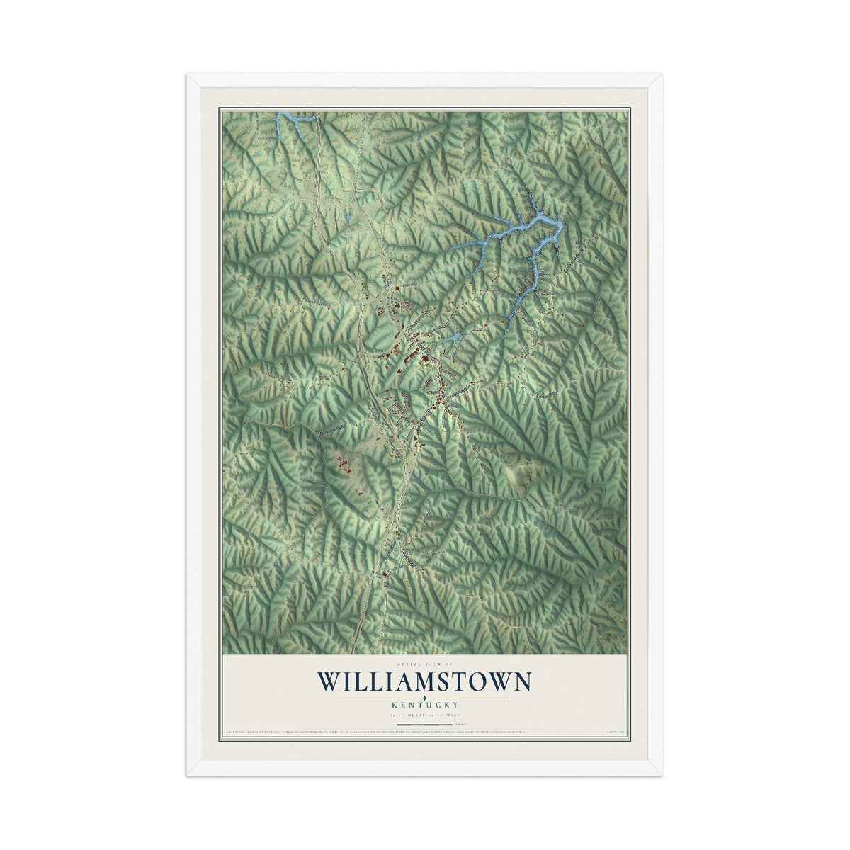 Map of Williamstown, Kentucky, 12 x 18 inch print in a white wood frame