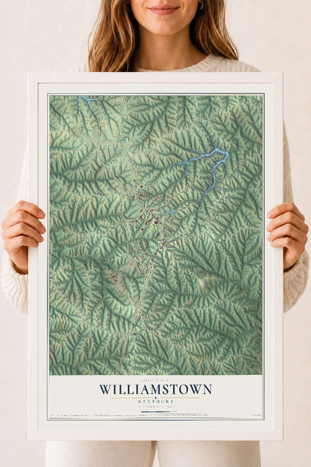 Map of Williamstown, Kentucky, 18 x 24 inch print in a white wood frame