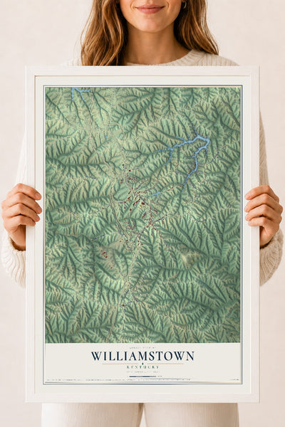 Map of Williamstown, Kentucky, 18 x 24 inch print in a white wood frame