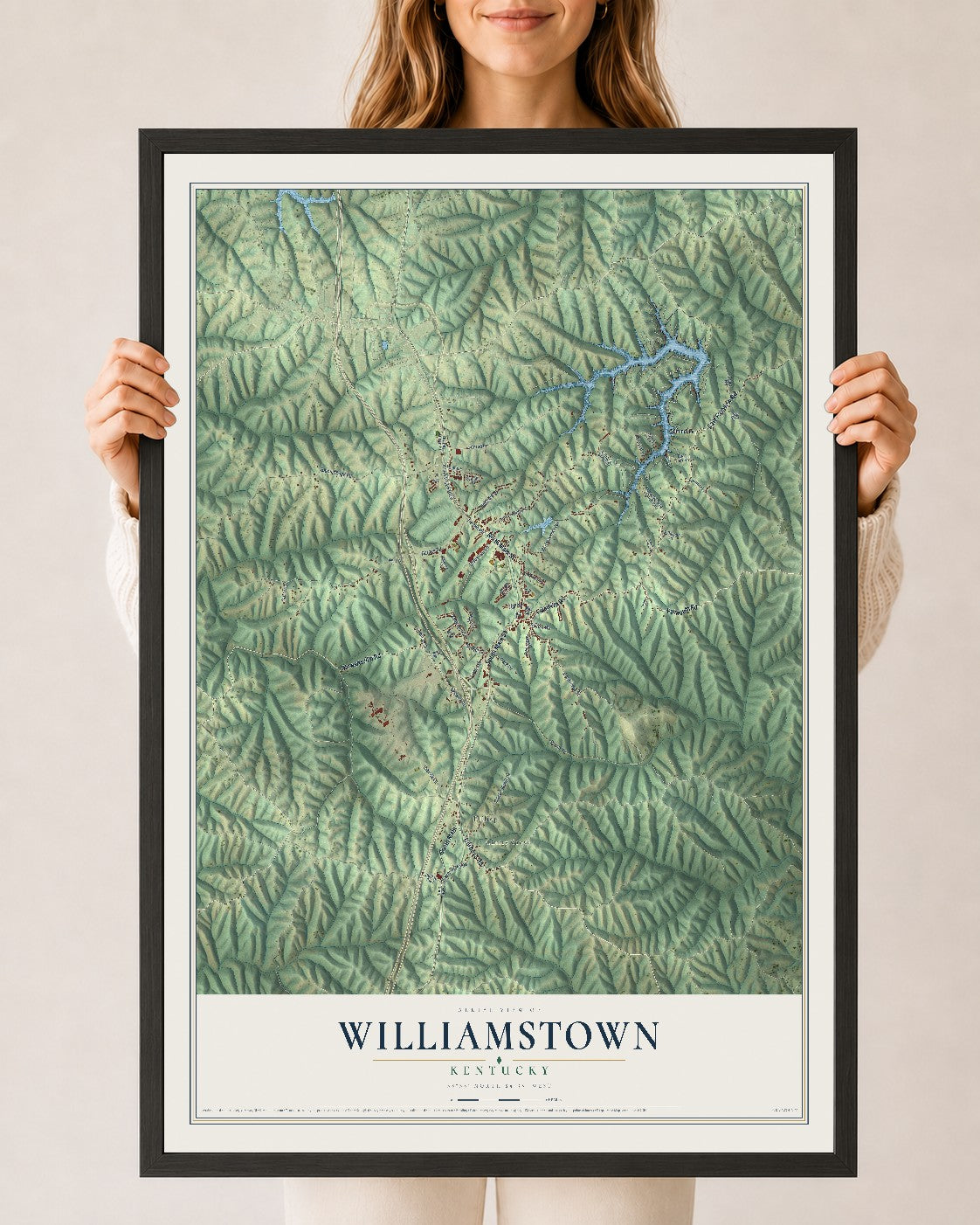 Map of Williamstown, Kentucky, 24 x 36 inch print in a black wood frame
