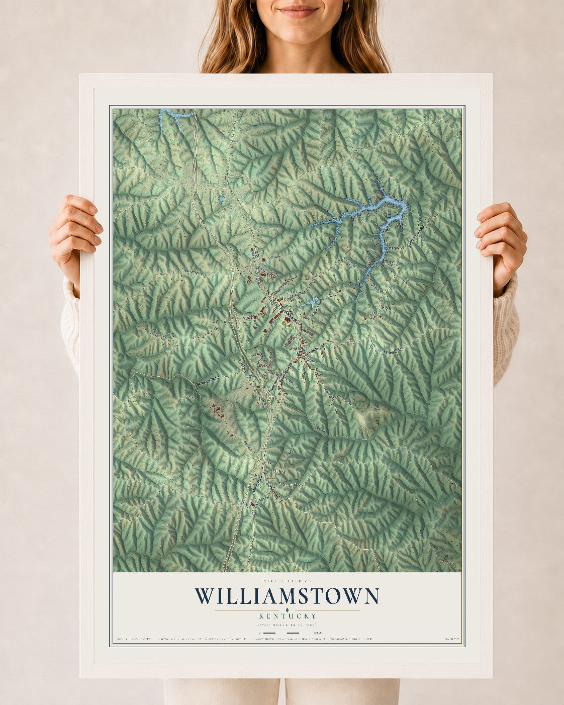 Map of Williamstown, Kentucky, 24 x 36 inch print in a white wood frame