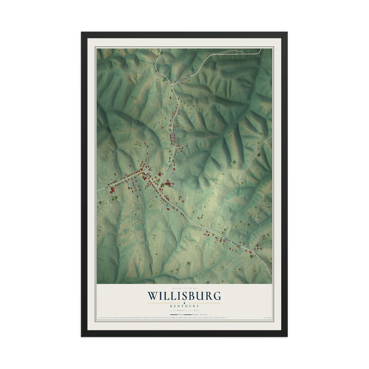 Map of Willisburg, Kentucky, 12 x 18 inch print in a black wood frame