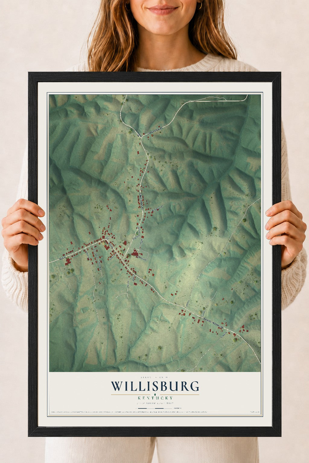 Map of Willisburg, Kentucky, 18 x 24 inch print in a black wood frame