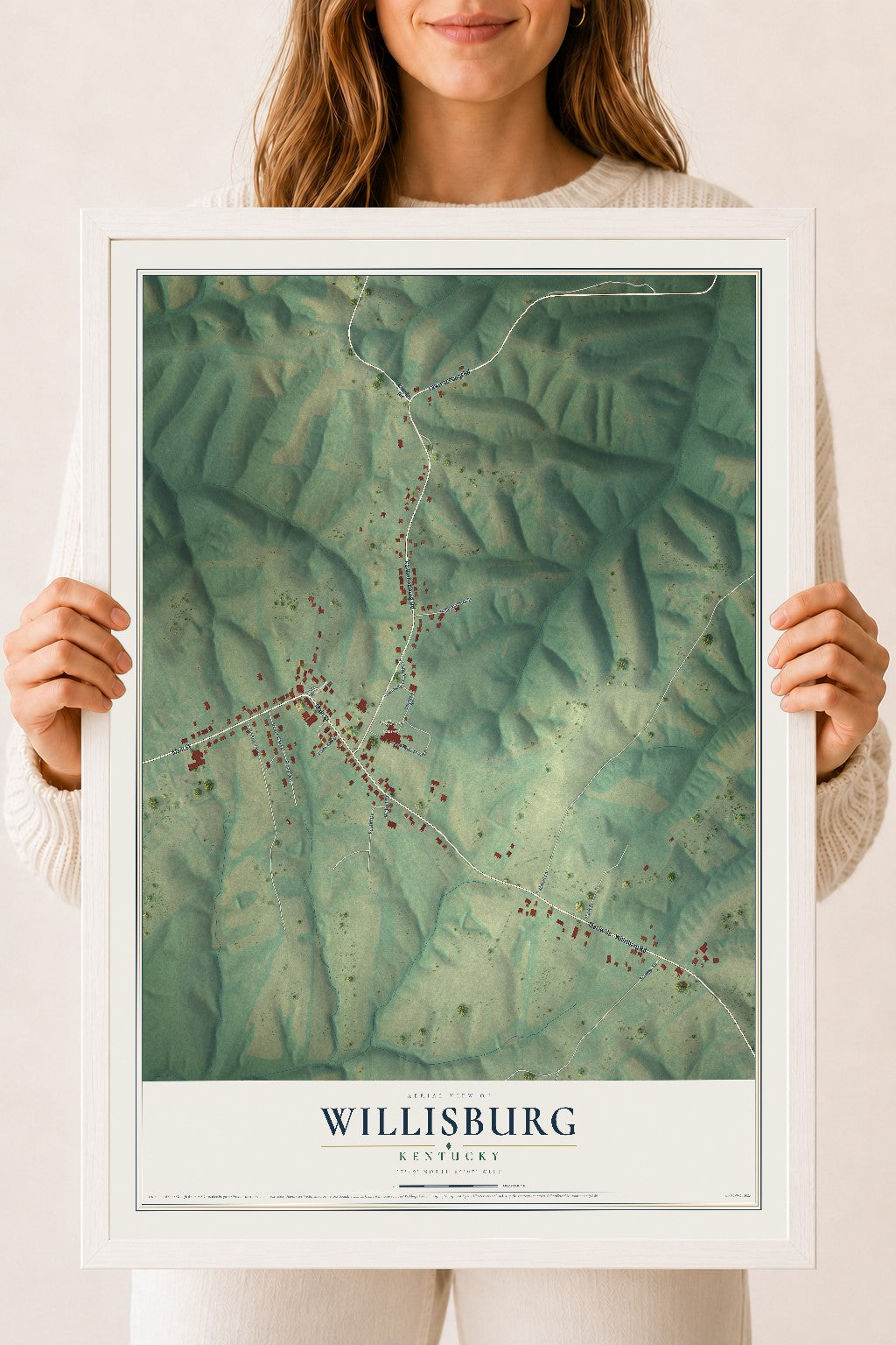 Map of Willisburg, Kentucky, 18 x 24 inch print in a white wood frame