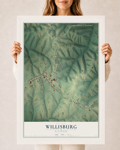 Map of Willisburg, Kentucky, 24 x 36 inch print in a white wood frame