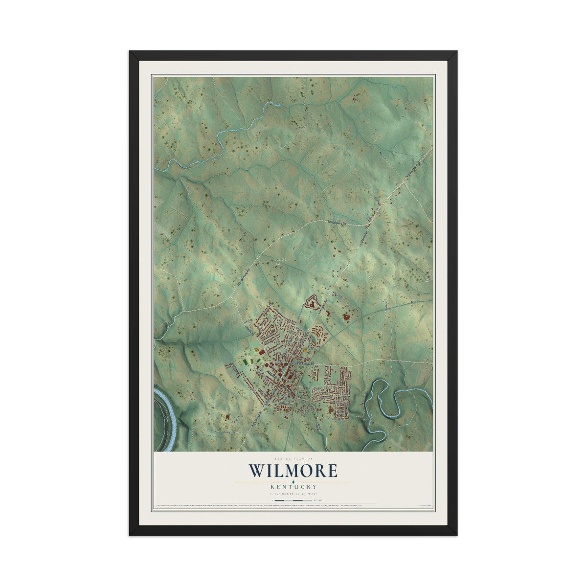 Map of Wilmore, Kentucky, 12 x 18 inch print in a black wood frame