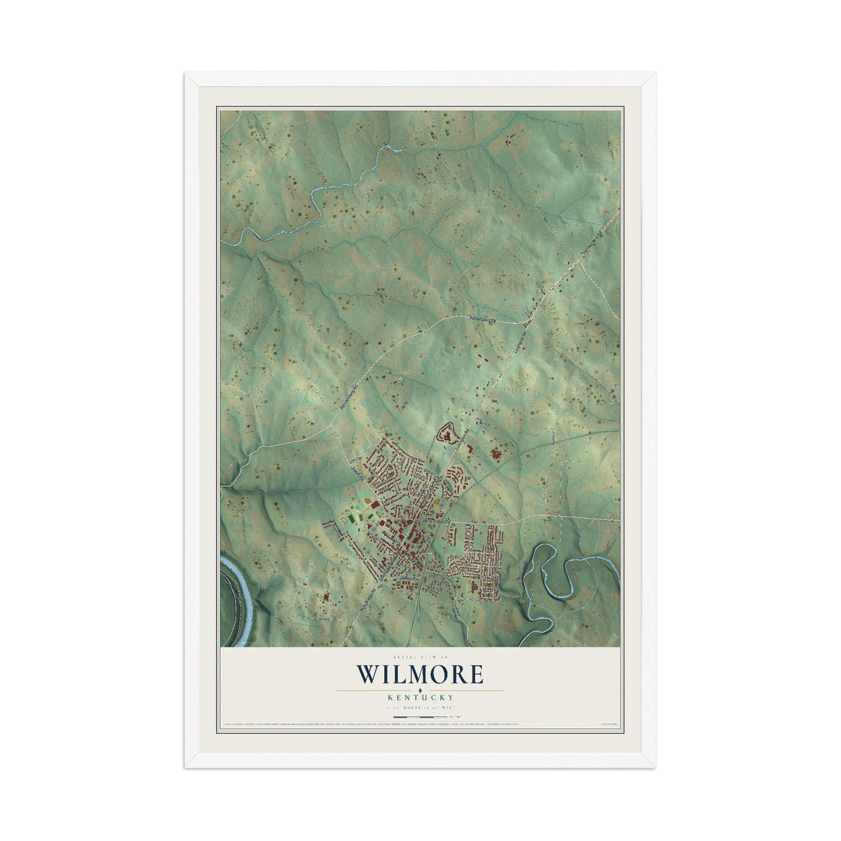 Map of Wilmore, Kentucky, 12 x 18 inch print in a white wood frame