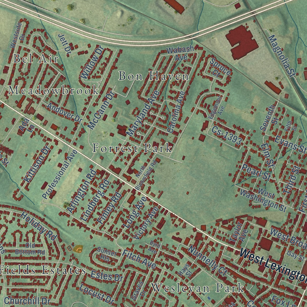 Close-up of the map of Winchester, Kentucky print showing street and building detail