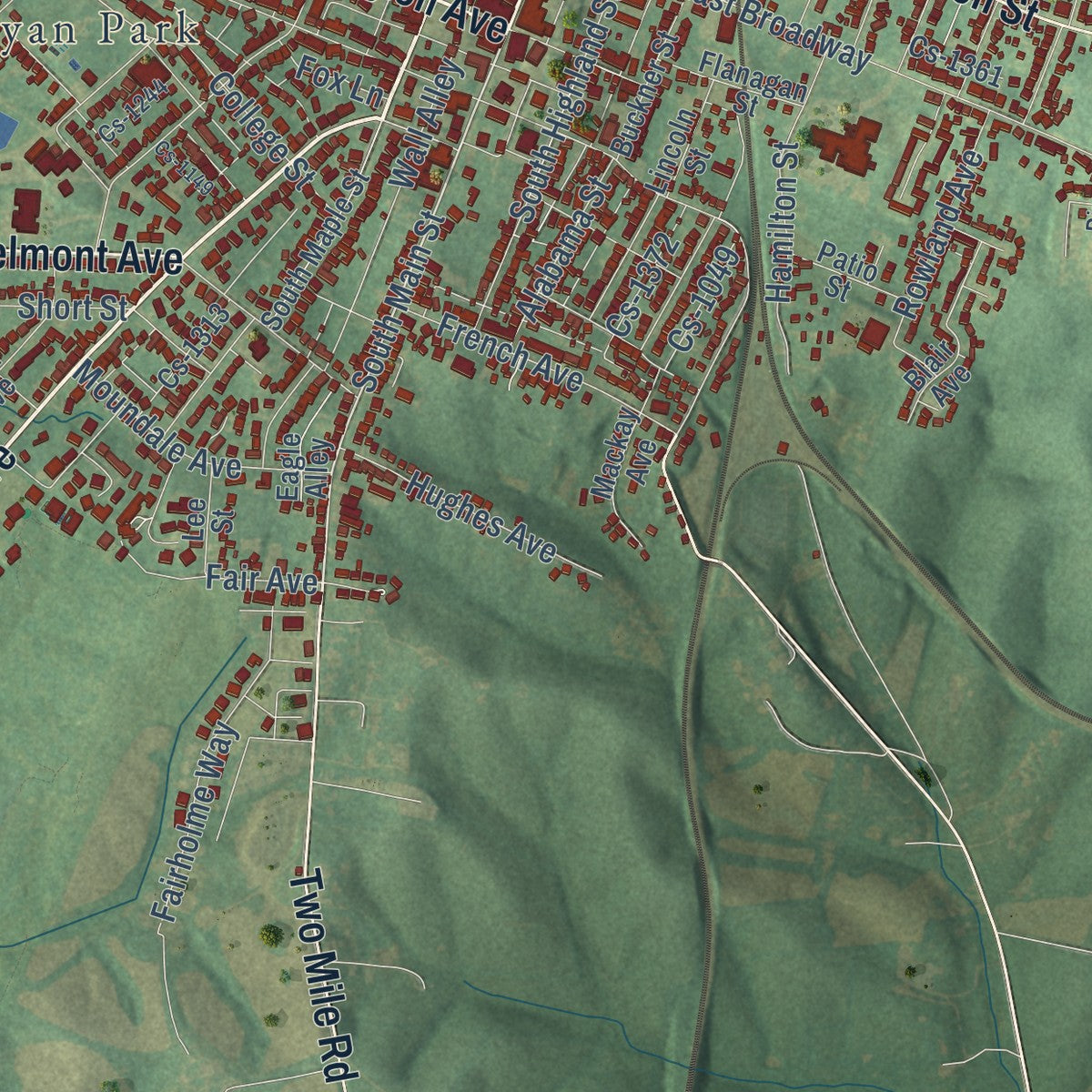 Second close-up of the map of Winchester, Kentucky print showing more streets and buildings