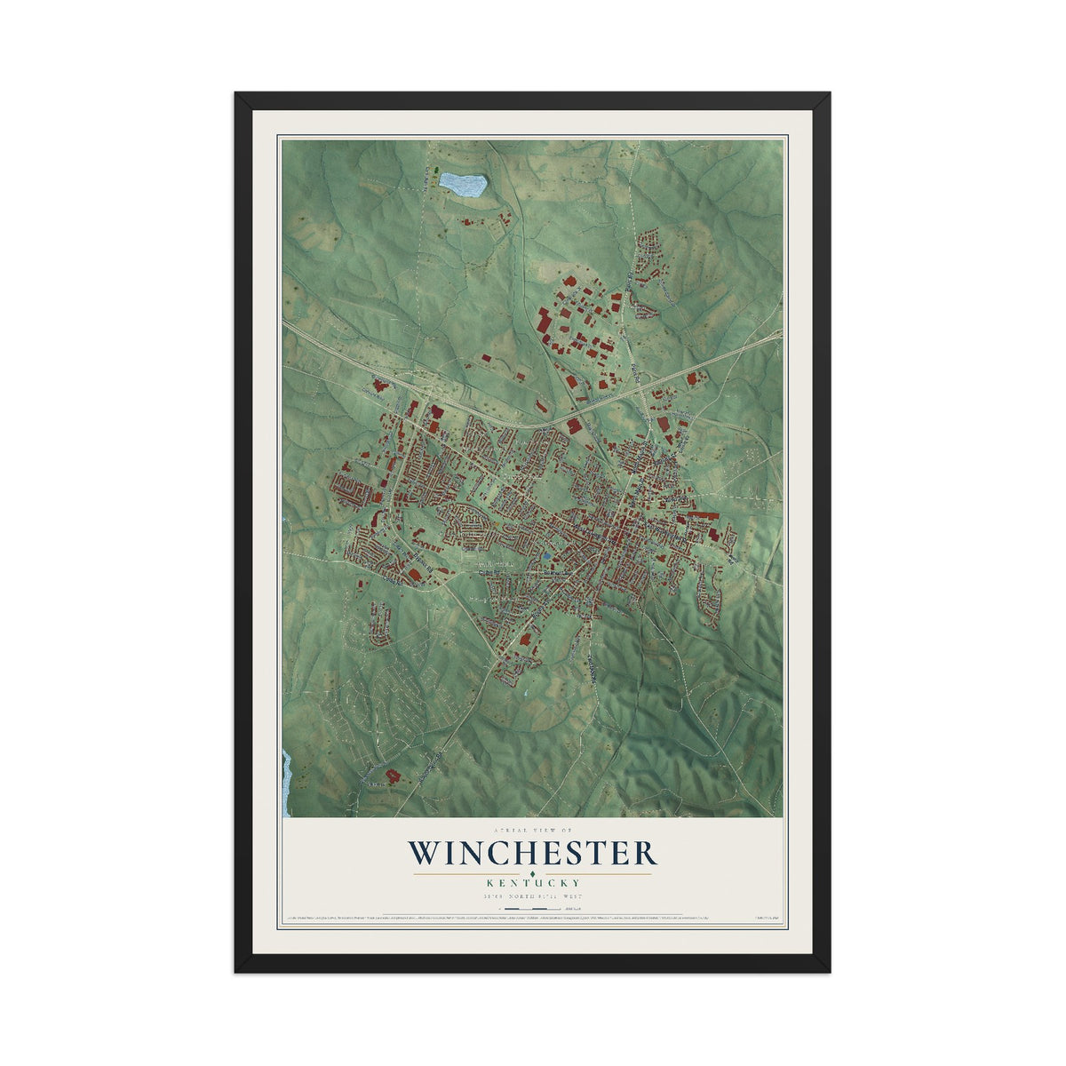 Map of Winchester, Kentucky, 12 x 18 inch print in a black wood frame
