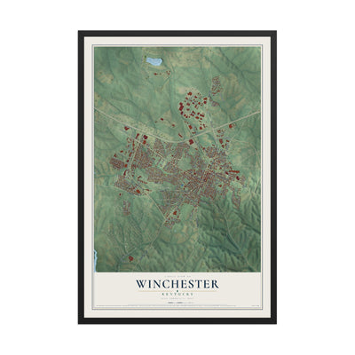 Map of Winchester, Kentucky, 12 x 18 inch print in a black wood frame
