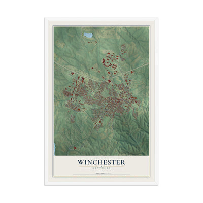 Map of Winchester, Kentucky, 12 x 18 inch print in a white wood frame