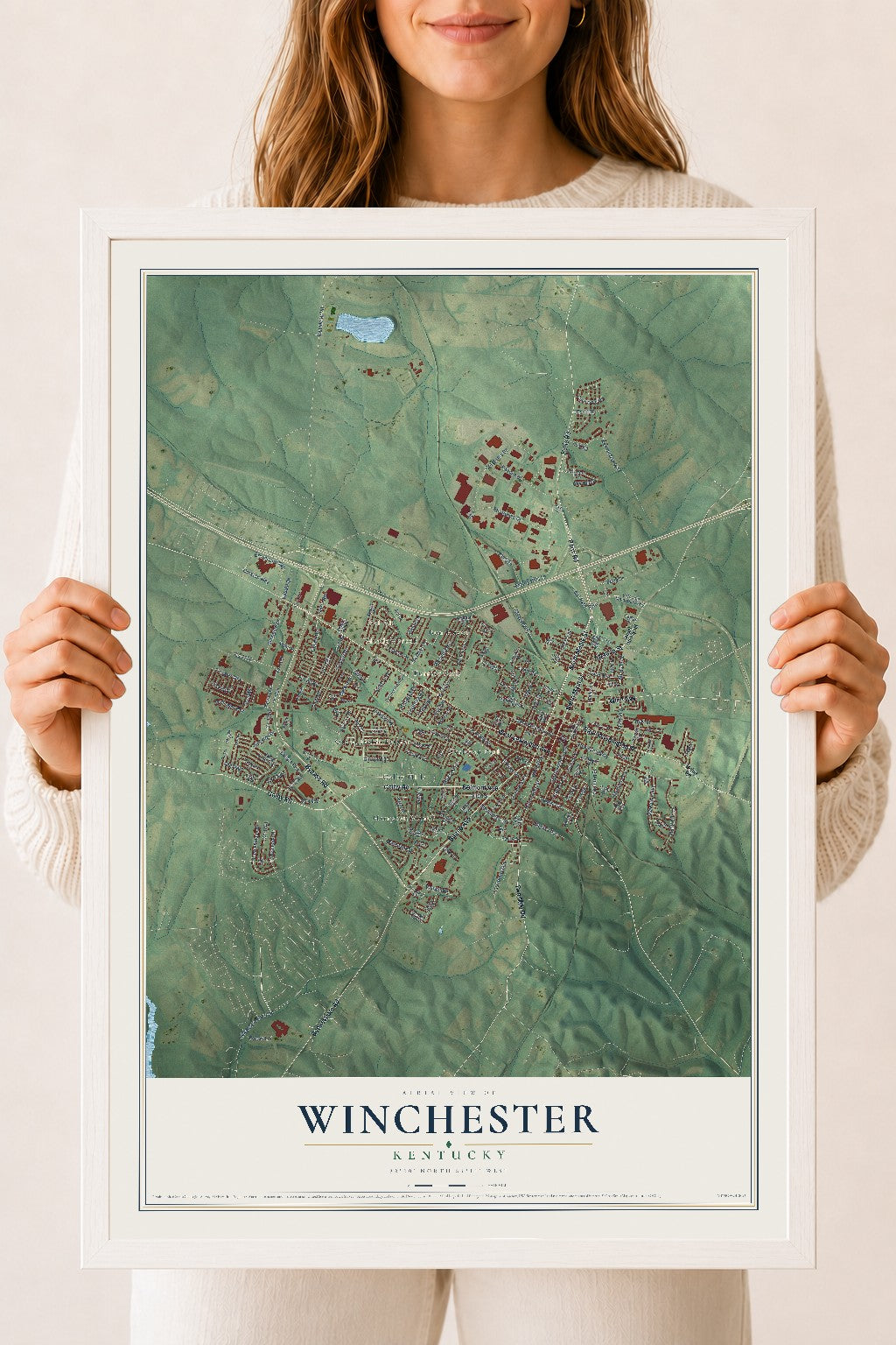 Map of Winchester, Kentucky, 18 x 24 inch print in a white wood frame