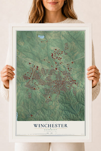 Map of Winchester, Kentucky, 18 x 24 inch print in a white wood frame