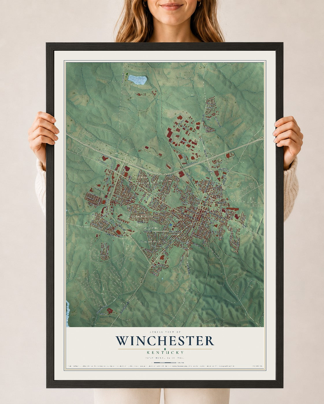 Map of Winchester, Kentucky, 24 x 36 inch print in a black wood frame