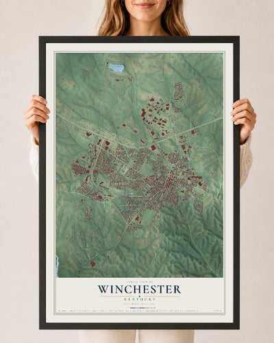 Map of Winchester, Kentucky, 24 x 36 inch print in a black wood frame