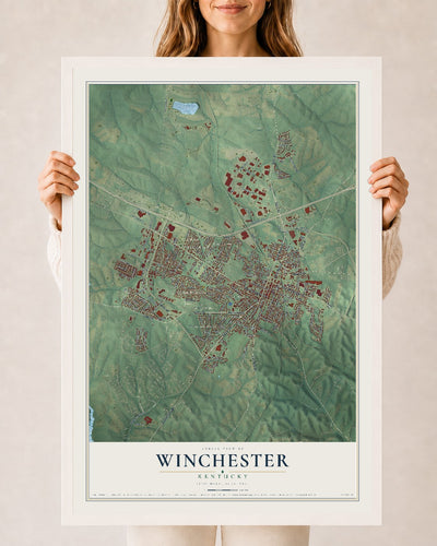 Map of Winchester, Kentucky, 24 x 36 inch print in a white wood frame