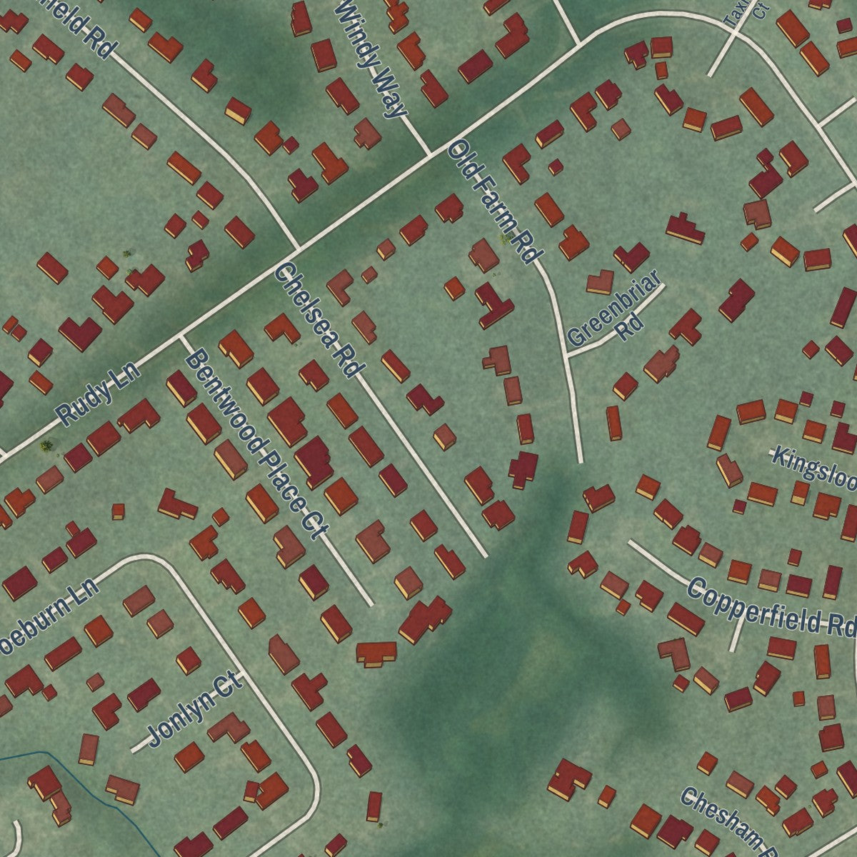Close-up of the map of Windy Hills, Kentucky print showing street and building detail