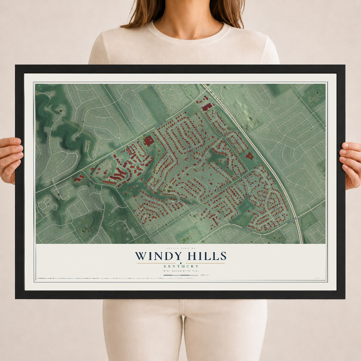 Map of Windy Hills, Kentucky, 18 x 24 inch print in a black wood frame