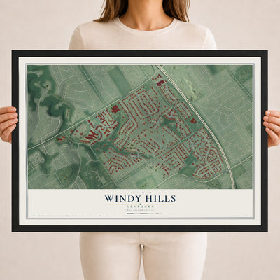Map of Windy Hills, Kentucky, 18 x 24 inch print in a black wood frame