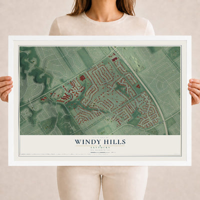 Map of Windy Hills, Kentucky, 18 x 24 inch print in a white wood frame
