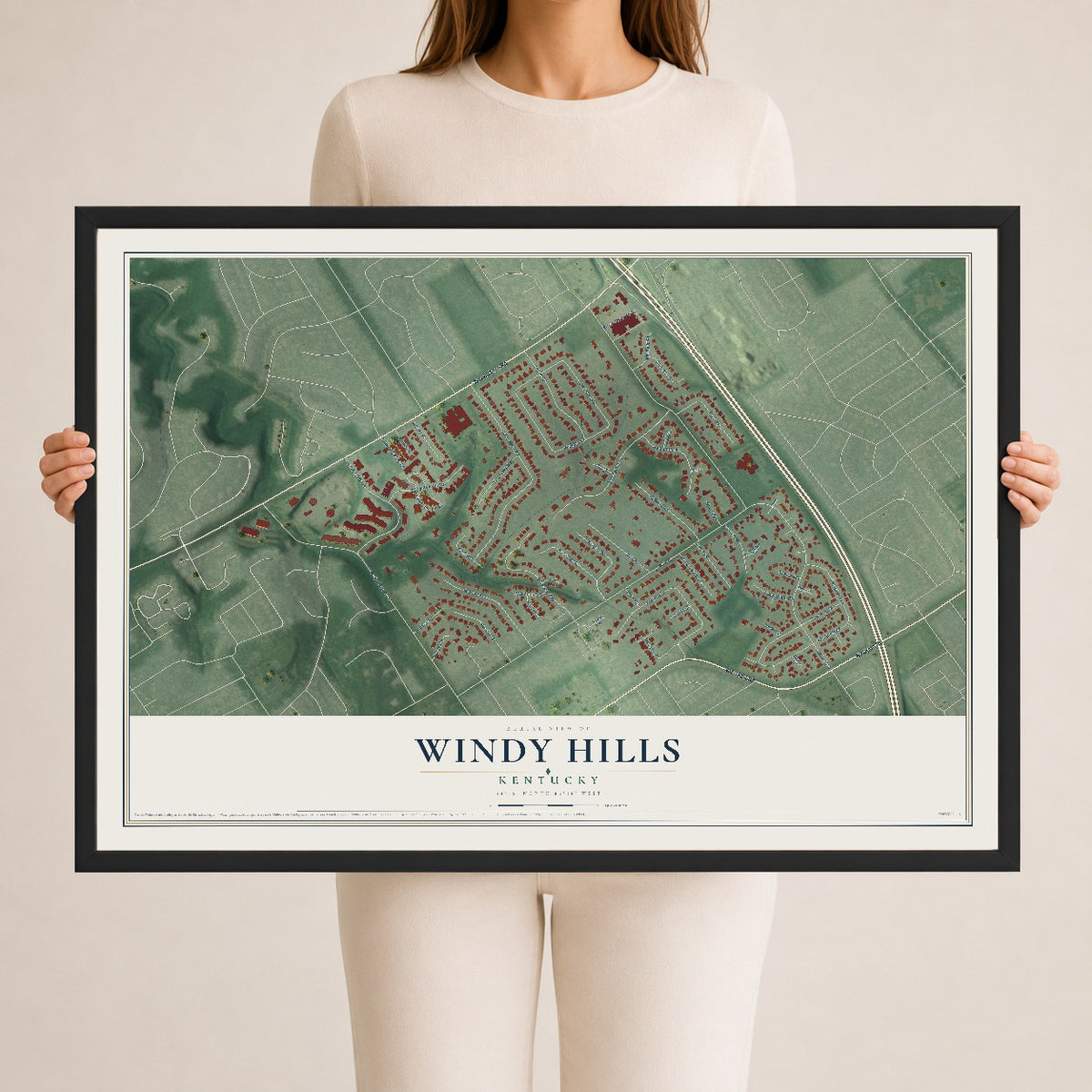 Map of Windy Hills, Kentucky, 24 x 36 inch print in a black wood frame