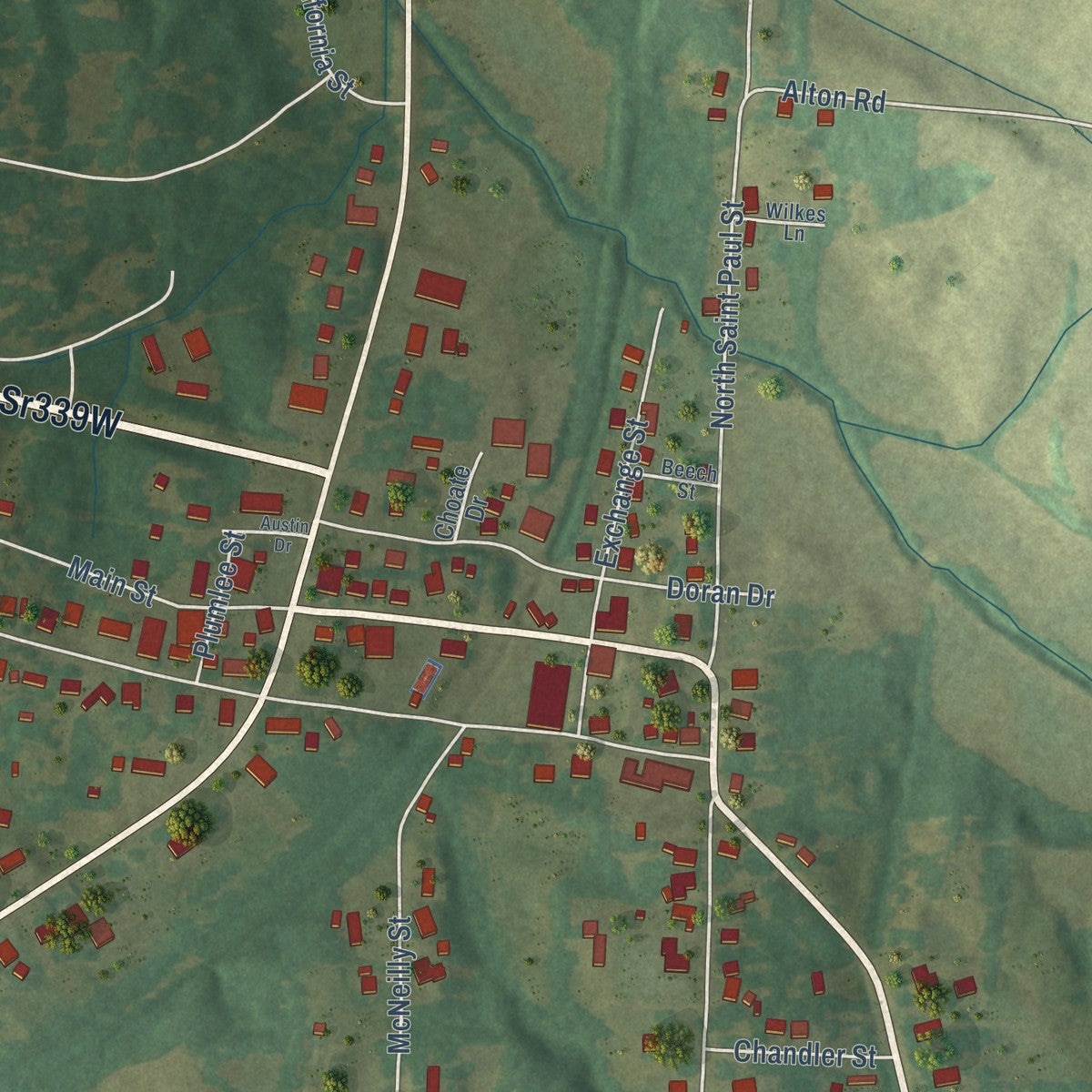 Close-up of the map of Wingo, Kentucky print showing street and building detail