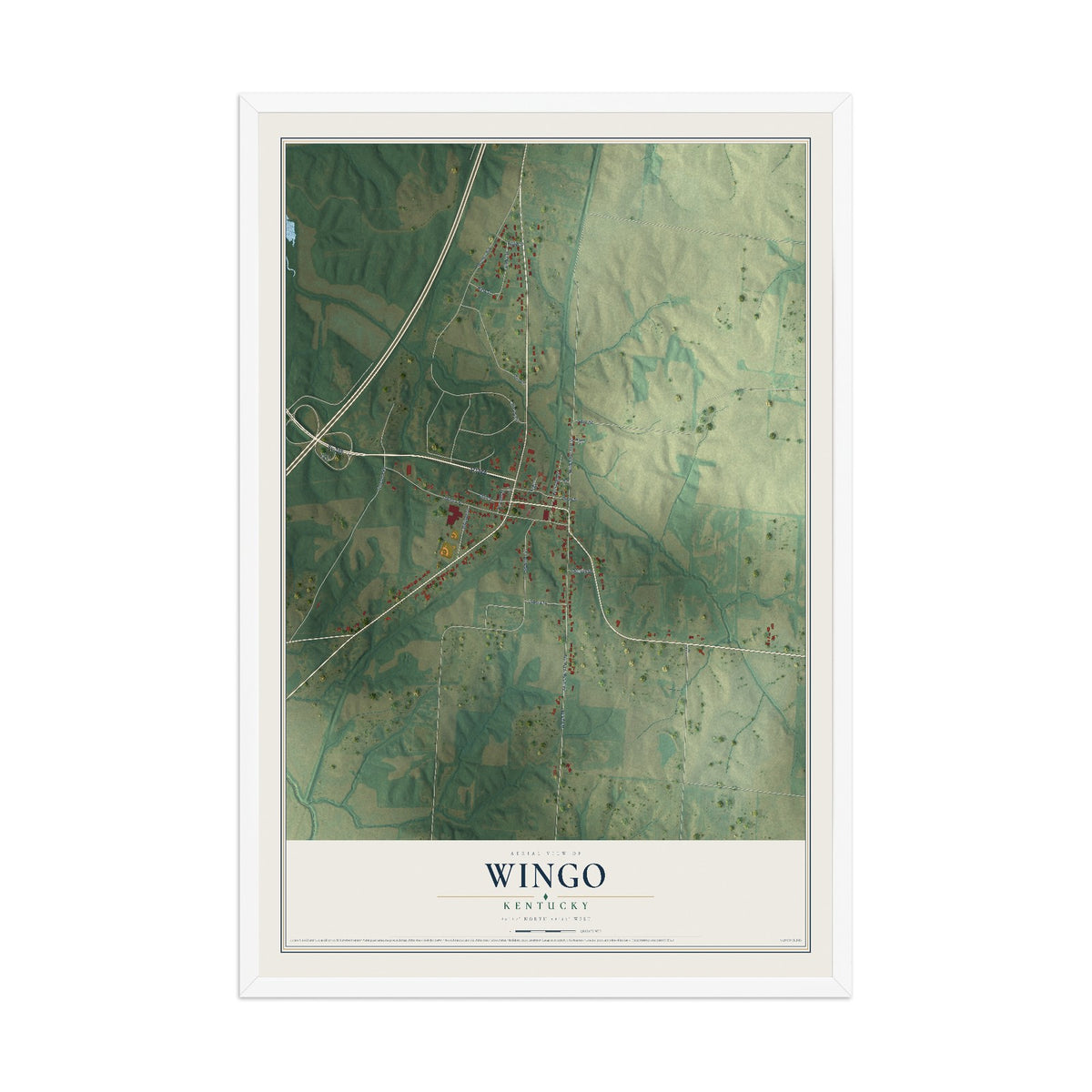 Map of Wingo, Kentucky, 12 x 18 inch print in a white wood frame
