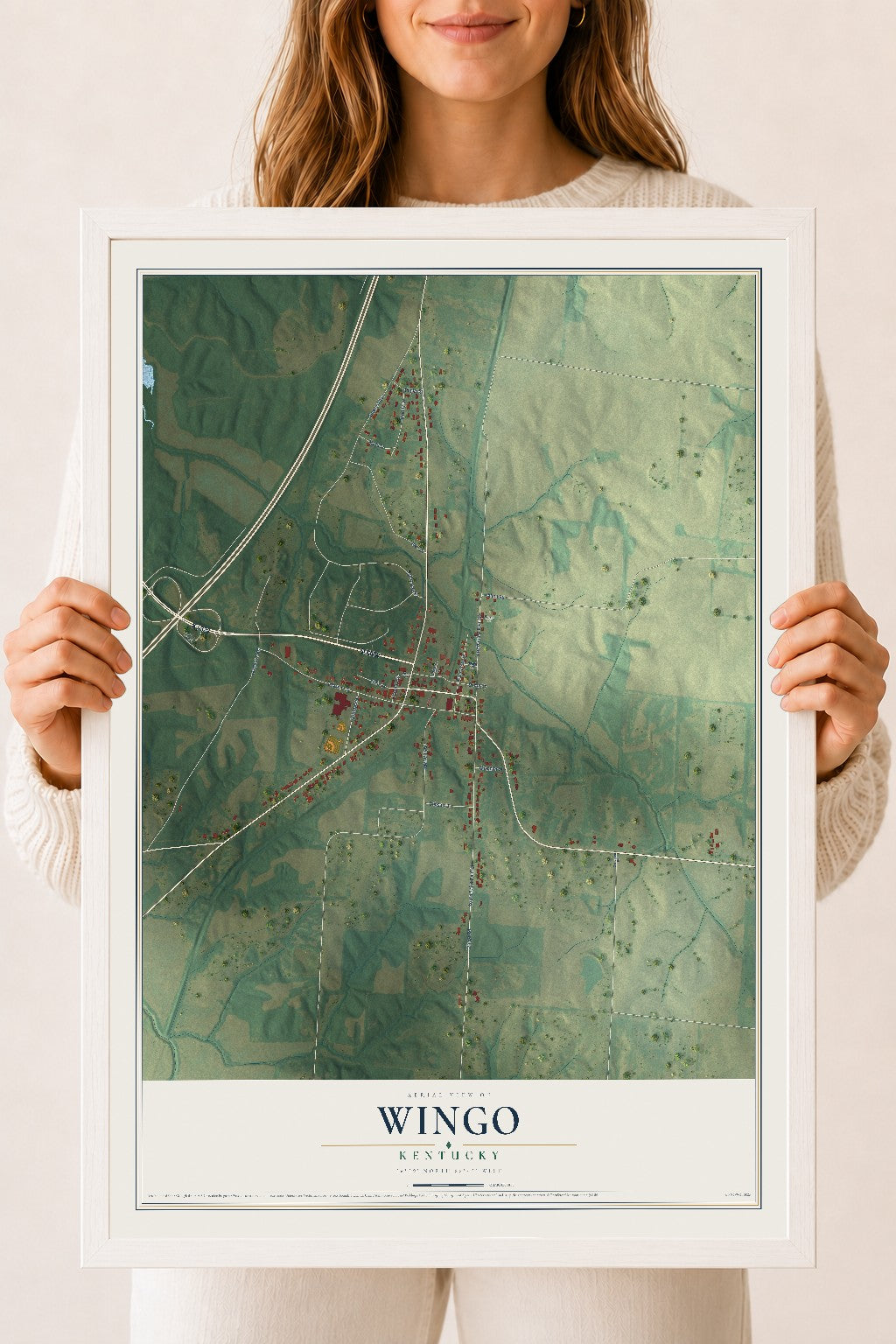 Map of Wingo, Kentucky, 18 x 24 inch print in a white wood frame