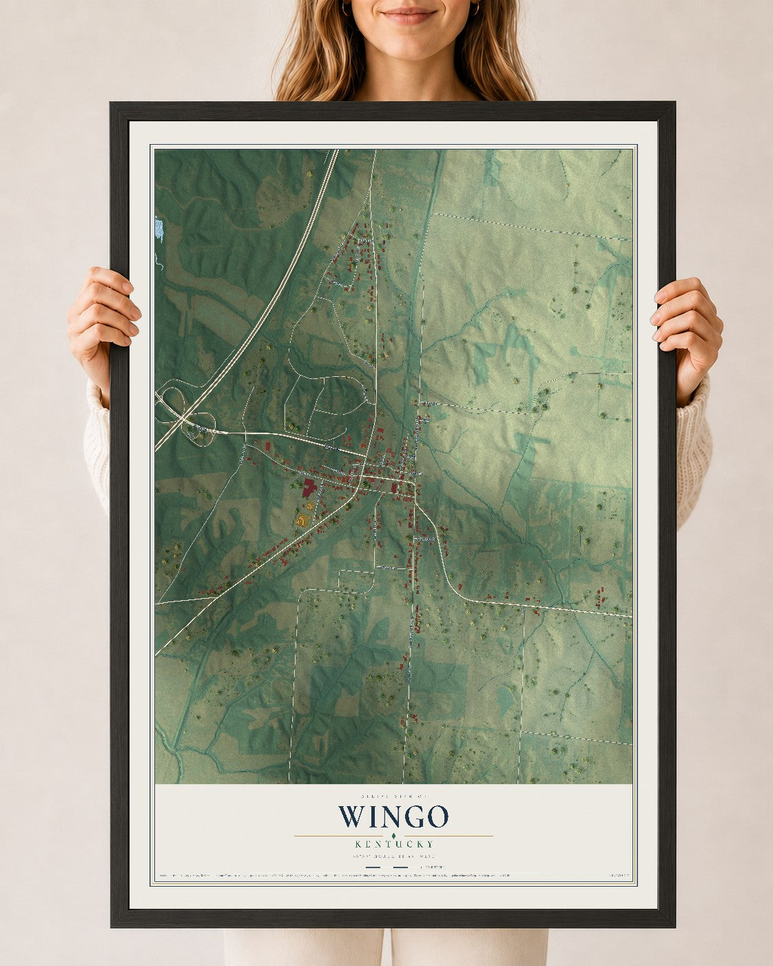 Map of Wingo, Kentucky, 24 x 36 inch print in a black wood frame
