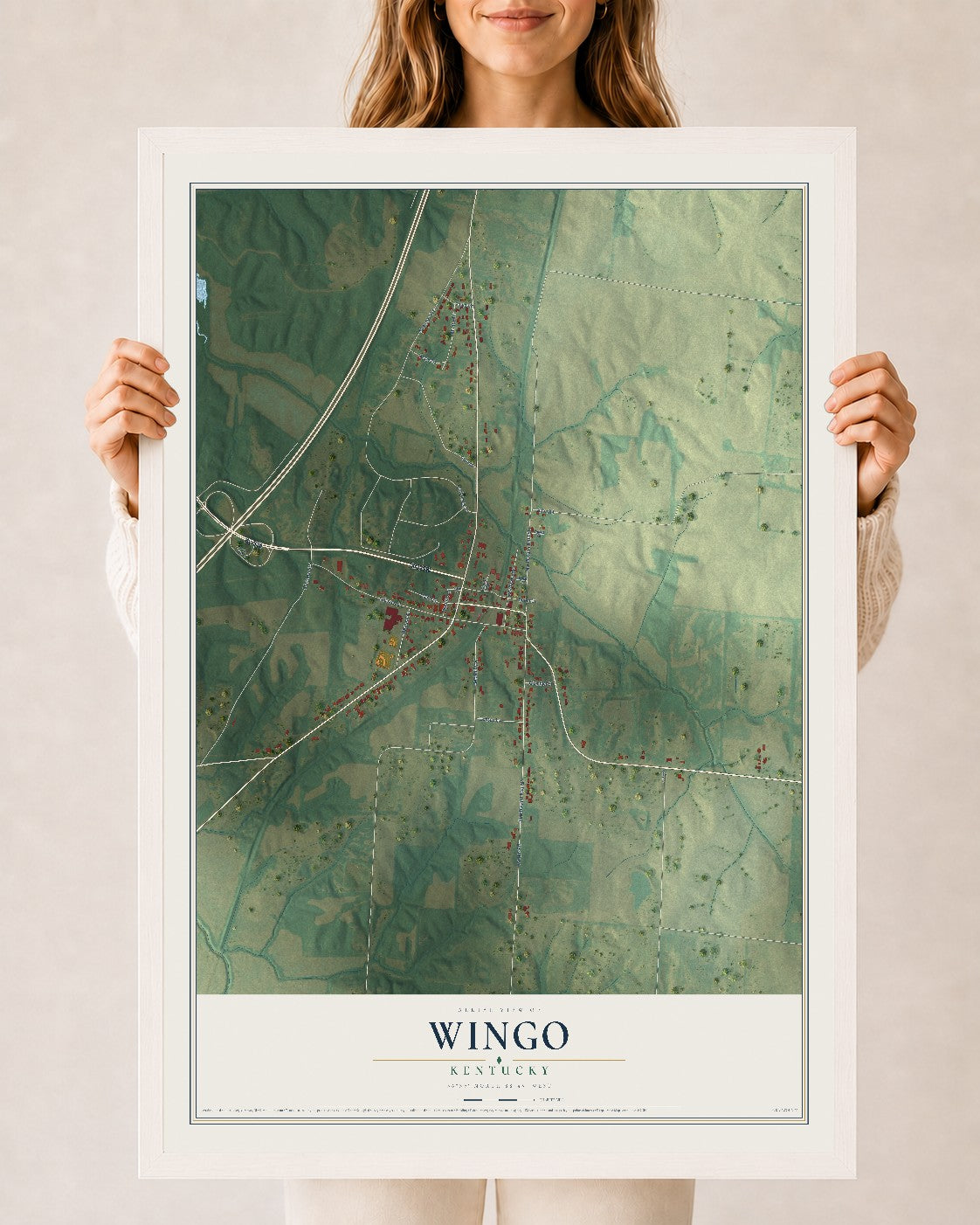 Map of Wingo, Kentucky, 24 x 36 inch print in a white wood frame
