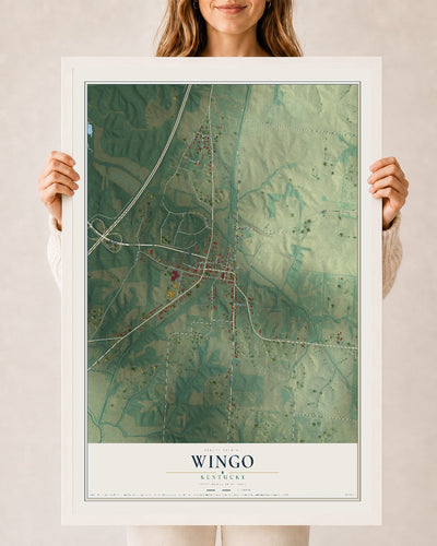 Map of Wingo, Kentucky, 24 x 36 inch print in a white wood frame