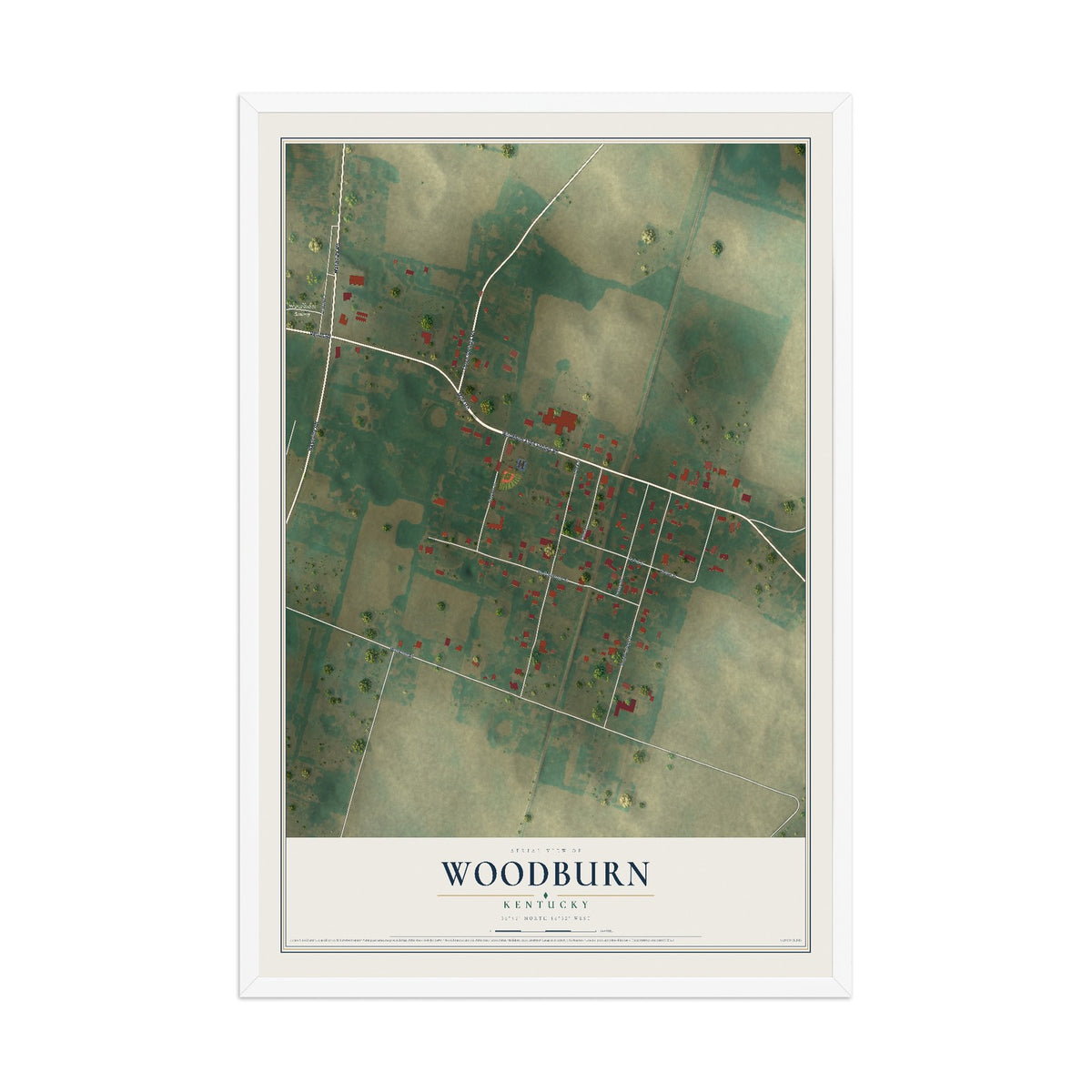 Map of Woodburn, Kentucky, 12 x 18 inch print in a white wood frame