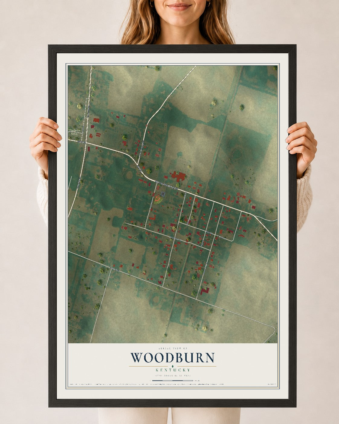 Map of Woodburn, Kentucky, 24 x 36 inch print in a black wood frame